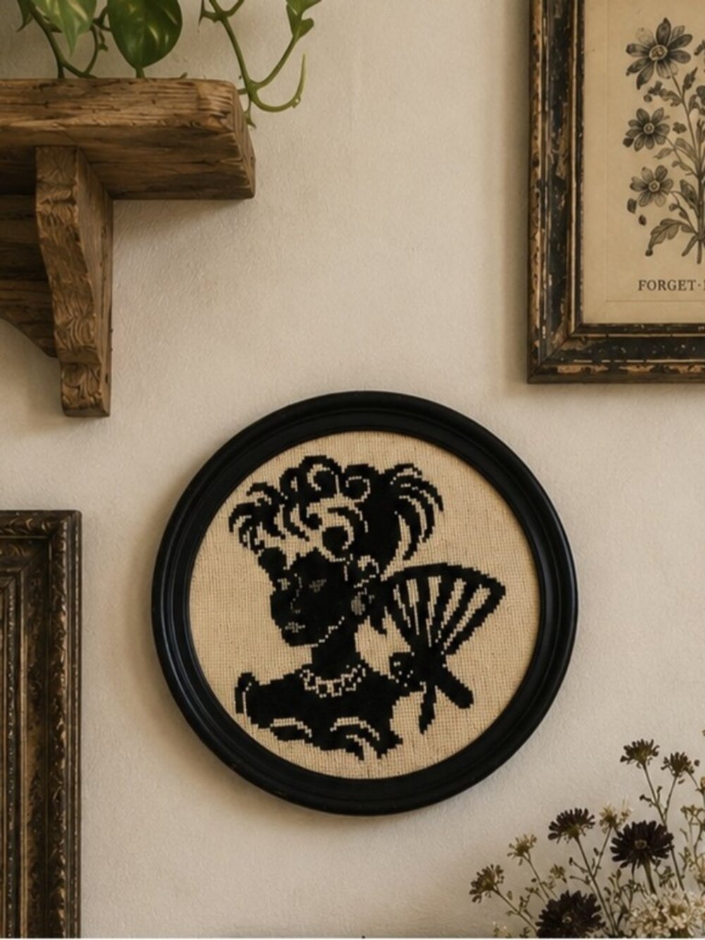 Vintage Framed Needlepoint Victorian Lady Silhouette Wall Art Cottage Decor 8in